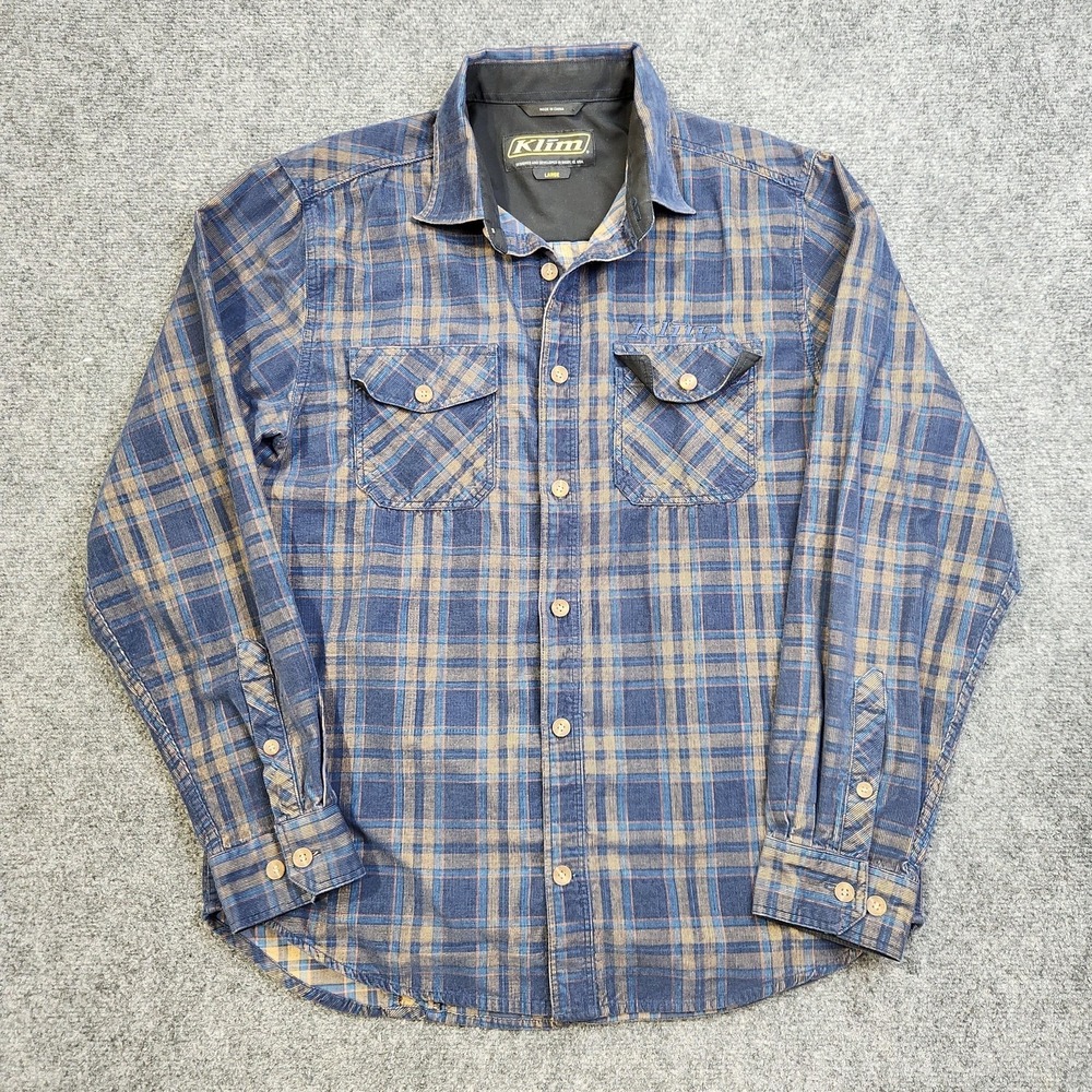 Klim Garns Cord Shirt Mens Large Blue Plaid Corduroy Button Long Sleeve Casual